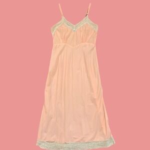 Vintage Slip Dress Women 34 Pink Lace Trim Midi Adjustable Strap Lingerie Dress